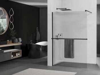 MEXEN/S - Kioto+ Sprchová zástena WALK-IN s poličkou a držiakom uterákov 100 x 200, prúžky 8 mm, čierna 800-100-121-70-09