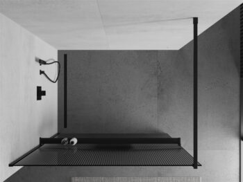 MEXEN/S - Kioto+ Sprchová zástena WALK-IN s poličkou a držiakom uterákov 100 x 200, prúžky 8 mm, čierna 800-100-121-70-09