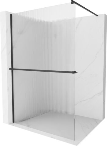MEXEN/S - Kioto+ Sprchová zástena WALK-IN s poličkou a držiakom uterákov 100 x 200, prúžky 8 mm, čierna 800-100-121-70-09