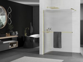 MEXEN/S - Kioto+ Sprchová zástena WALK-IN s poličkou a držiakom uterákov 110 x 200, prúžky 8 mm, zlatá 800-110-121-50-09
