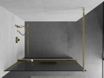 MEXEN/S - Kioto+ Sprchová zástena WALK-IN s poličkou a držiakom uterákov 110 x 200, prúžky 8 mm, zlatá 800-110-121-50-09