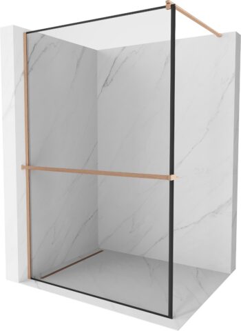 MEXEN/S - Kioto+ Sprchová zástena s poličkou WALK-IN 110 x 200, čierna vzor, meď kartáčovaná 800-110-121-65-70