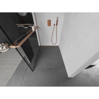 MEXEN/S - Kioto+ Sprchová zástena s poličkou WALK-IN 120 x 200, čierna vzor, meď kartáčovaná 800-120-121-65-70