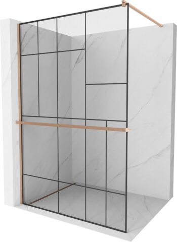 MEXEN/S - Kioto+ Sprchová zástena s poličkou WALK-IN 120 x 200, čierna vzor, meď kartáčovaná 800-120-121-65-78