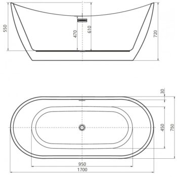 MEXEN/S - Lotos voľne stojaca vaňa 170 x 75, biela/čierna, sifón a prepad chróm 52051707775-01