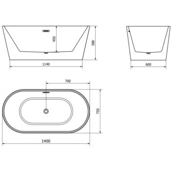 MEXEN/S - Luna voľne stojaca vaňa 140 x 75, biela/čierna, sifón a prepad grafit metal 52031407575-95