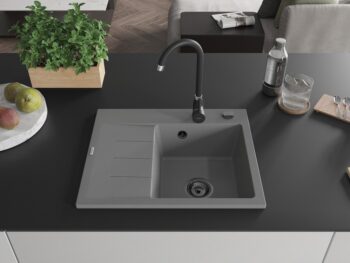 MEXEN/S MEXEN/S - Ben granitový drez 1 s odkvapkávačom pravý 600 x 500 mm, sivý, sifón čierna 6523605000-71-B