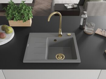 MEXEN/S MEXEN/S - Ben granitový drez 1 s odkvapkávačom pravý 600 x 500 mm, sivý, sifón zlatá 6523605000-71-G