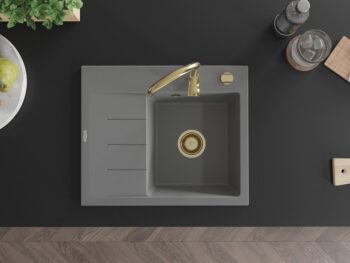 MEXEN/S MEXEN/S - Ben granitový drez 1 s odkvapkávačom pravý 600 x 500 mm, sivý, sifón zlatá 6523605000-71-G