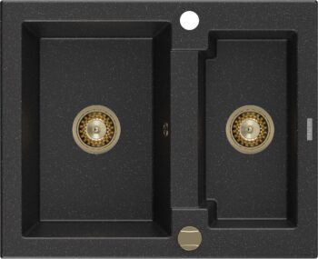 MEXEN/S MEXEN/S - Carlos granitový drez 1.5 582x475 mm, čierna/striebro metalík + zlatý sifón 6518581500-73-G