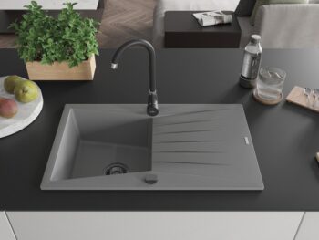 MEXEN/S MEXEN/S - Cesar granitový drez 1 s odkvapkávačom 775 x 470 mm, šedá, + čierny sifón 6514771010-71-B