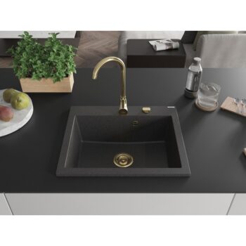 MEXEN/S MEXEN/S - Elix granitový drez 1-miska 600 x 500 mm, čierna kropenatá, sifón zlatá 6525601005-76-G