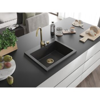 MEXEN/S MEXEN/S - Elix granitový drez 1-miska 600 x 500 mm, čierna kropenatá, sifón zlatá 6525601005-76-G