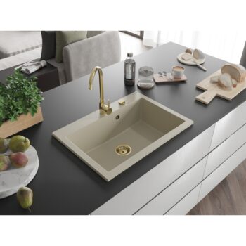 MEXEN/S MEXEN/S - Elix granitový drez 1-miska 700 x 500 mm, béžový, sifón zlatá 6526701005-69-G