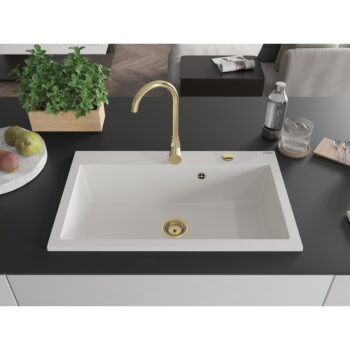 MEXEN/S MEXEN/S - Elix granitový drez 1-miska 800 x 500 mm, biela, sifón zlatá 6527801005-20-G
