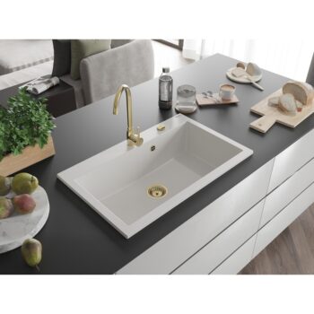MEXEN/S MEXEN/S - Elix granitový drez 1-miska 800 x 500 mm, biela, sifón zlatá 6527801005-20-G