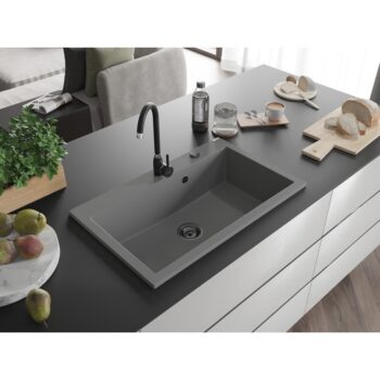 MEXEN/S MEXEN/S - Elix granitový drez 1-miska 800 x 500 mm, sivý, sifón čierna 6527801005-71-B