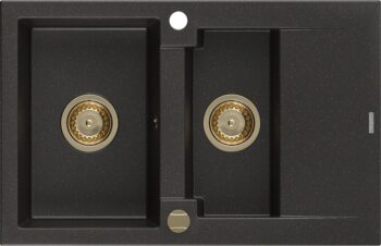 MEXEN/S MEXEN/S - Gaspar granitový drez 1.5 s odkvapkávačom 737 x 475 mm, čierny/zlatý metalik, zlatý sifón 6507731505-75-G