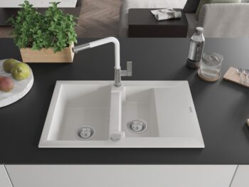 MEXEN/S MEXEN/S - Gaspar granitový drez 1.5 s odkvapkávačom vrátane batérie Flora, biela 6507-20-670401-02