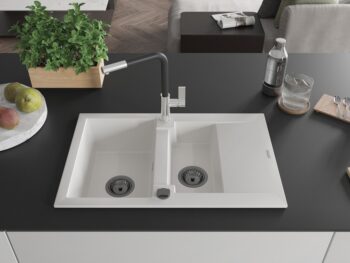 MEXEN/S MEXEN/S - Gaspar granitový drez 1.5 s odkvapkávačom vrátane batérie Flora, biela 6507-20-670401-07-B