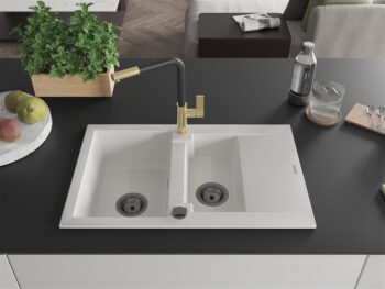 MEXEN/S MEXEN/S - Gaspar granitový drez 1.5 s odkvapkávačom vrátane batérie Flora, biela 6507-20-670401-57-B
