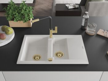MEXEN/S MEXEN/S - Gaspar granitový drez 1.5 s odkvapkávačom vrátane batérie Flora, biela 6507-20-670401-57-G