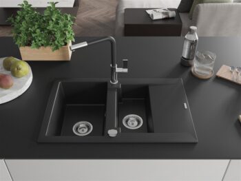 MEXEN/S MEXEN/S - Gaspar granitový drez 1.5 s odkvapkávačom vrátane batérie Flora, čierna 6507-77-670401-07