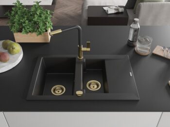 MEXEN/S MEXEN/S - Gaspar granitový drez 1.5 s odkvapkávačom vrátane batérie Flora, čierna 6507-77-670401-57-G