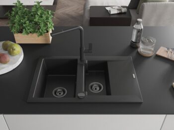 MEXEN/S MEXEN/S - Gaspar granitový drez 1.5 s odkvapkávačom vrátane batérie Flora, čierna 6507-77-670401-70-B