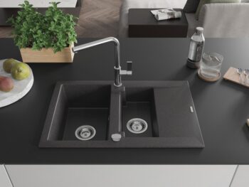 MEXEN/S MEXEN/S - Gaspar granitový drez 1.5 s odkvapkávačom vrátane batérie Flora, čierna kropenatá 6507-76-670401-00