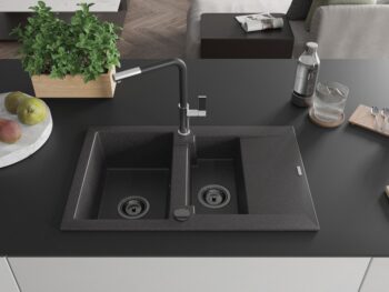MEXEN/S MEXEN/S - Gaspar granitový drez 1.5 s odkvapkávačom vrátane batérie Flora, čierna kropenatá 6507-76-670401-07-B