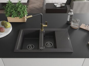 MEXEN/S MEXEN/S - Gaspar granitový drez 1.5 s odkvapkávačom vrátane batérie Flora, čierna kropenatá 6507-76-670401-57-B