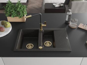 MEXEN/S MEXEN/S - Gaspar granitový drez 1.5 s odkvapkávačom vrátane batérie Flora, čierna/zlatá 6507-75-670401-57-G