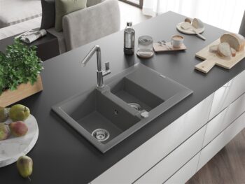 MEXEN/S MEXEN/S - Gaspar granitový drez 1.5 s odkvapkávačom vrátane batérie Flora, šedá 6507-71-670401-00