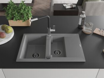 MEXEN/S MEXEN/S - Gaspar granitový drez 1.5 s odkvapkávačom vrátane batérie Flora, šedá 6507-71-670401-07-B