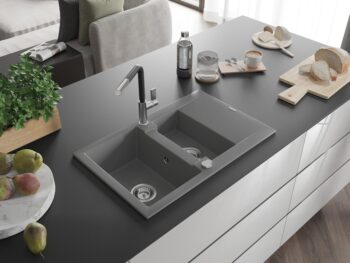 MEXEN/S MEXEN/S - Gaspar granitový drez 1.5 s odkvapkávačom vrátane batérie Flora, šedá 6507-71-670401-07