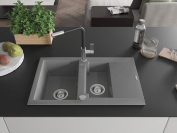 MEXEN/S MEXEN/S - Gaspar granitový drez 1.5 s odkvapkávačom vrátane batérie Flora, šedá 6507-71-670401-07