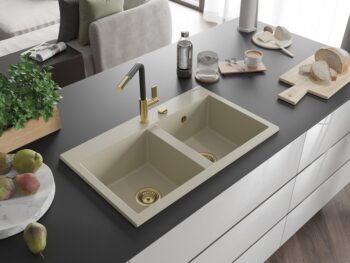 MEXEN/S MEXEN/S - Hektor granitový drez 2-bowl 800 x 480 mm, béžová, zlatý sifón 6521802000-69-G