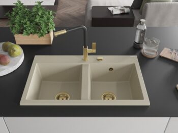 MEXEN/S MEXEN/S - Hektor granitový drez 2-bowl 800 x 480 mm, béžová, zlatý sifón 6521802000-69-G
