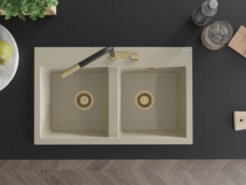 MEXEN/S MEXEN/S - Hektor granitový drez 2-bowl 800 x 480 mm, béžová, zlatý sifón 6521802000-69-G