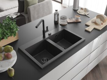 MEXEN/S MEXEN/S - Hektor granitový drez 2-bowl 800 x 480 mm, čierna kropenatá, čierny sifón 6521802000-76-B