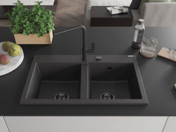 MEXEN/S MEXEN/S - Hektor granitový drez 2-bowl 800 x 480 mm, čierna kropenatá, čierny sifón 6521802000-76-B