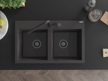 MEXEN/S MEXEN/S - Hektor granitový drez 2-bowl 800 x 480 mm, čierna kropenatá, čierny sifón 6521802000-76-B