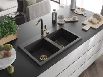 MEXEN/S MEXEN/S - Hektor granitový drez 2-bowl 800 x 480 mm, čierna kropenatá, zlatý sifón 6521802000-76-G