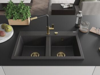 MEXEN/S MEXEN/S - Hektor granitový drez 2-bowl 800 x 480 mm, čierna kropenatá, zlatý sifón 6521802000-76-G