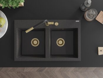 MEXEN/S MEXEN/S - Hektor granitový drez 2-bowl 800 x 480 mm, čierna kropenatá, zlatý sifón 6521802000-76-G