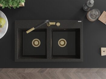 MEXEN/S MEXEN/S - Hektor granitový drez 2-bowl 800 x 480 mm, čierna/zlatá metalík, zlatý sifón 6521802000-75-G