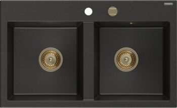 MEXEN/S MEXEN/S - Hektor granitový drez 2-bowl 800 x 480 mm, čierna/zlatá metalík, zlatý sifón 6521802000-75-G