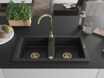 MEXEN/S MEXEN/S - Mario granitový drez 2-bowl 820x436 mm, čierny/striebro metalík + zlatý sifón 6504822000-73-G