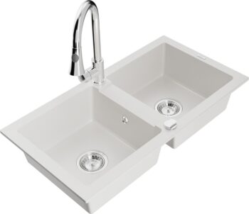 MEXEN/S MEXEN/S - Mario granitový drez 2-bowl vrátane batérie Elia, biela 6504-20-670101-00